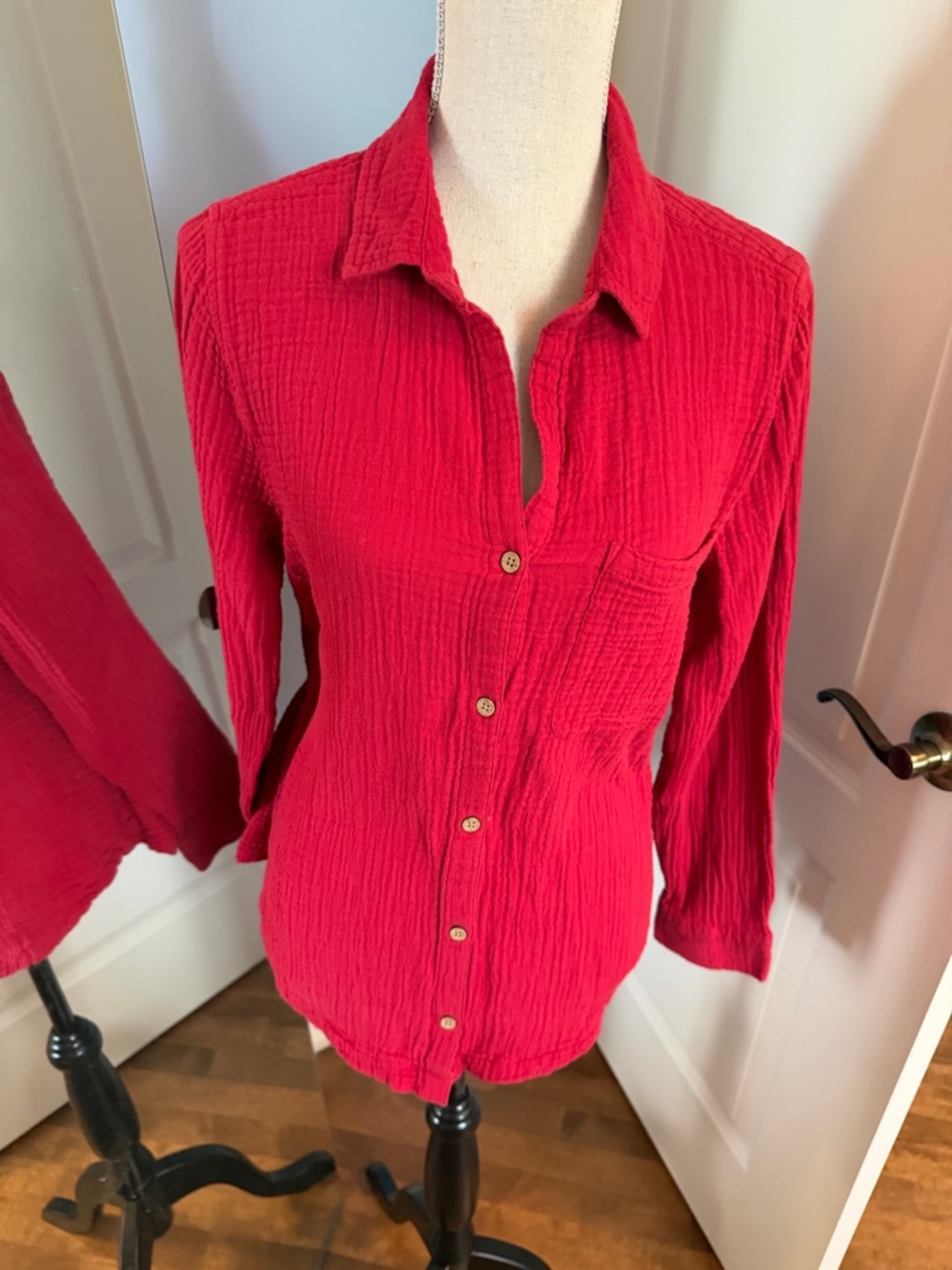 All Cotton Women's Red Button-Front Textured Shirt